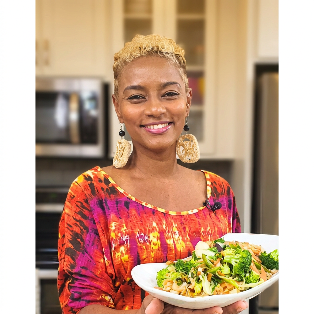 Arlene holding a freshly prepared Caribbean dish